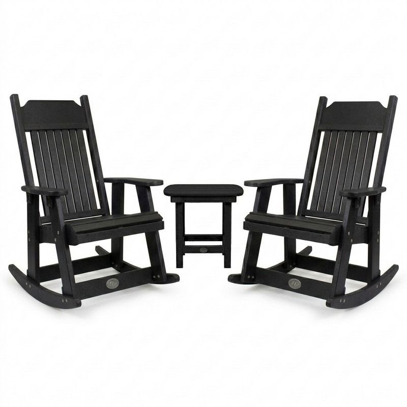 Outdoor Poly Furniture Set with (2) Carolina Rockers & End Table in Black by Infinity Living - FF CARRO-BLK-2 / FF BRUET-DKGY-BLK