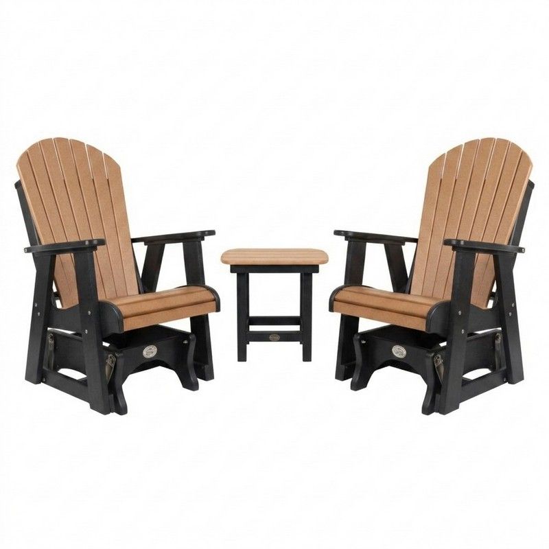 Outdoor Poly Furniture Set with (2) Fan Back Single Gliders & End Table in Cedar & Black by Infinity Living - FF FBSG-C-BLK-2 / FF BRUET-C-BLK